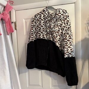Leopard Print and Black Fleece Hoodie